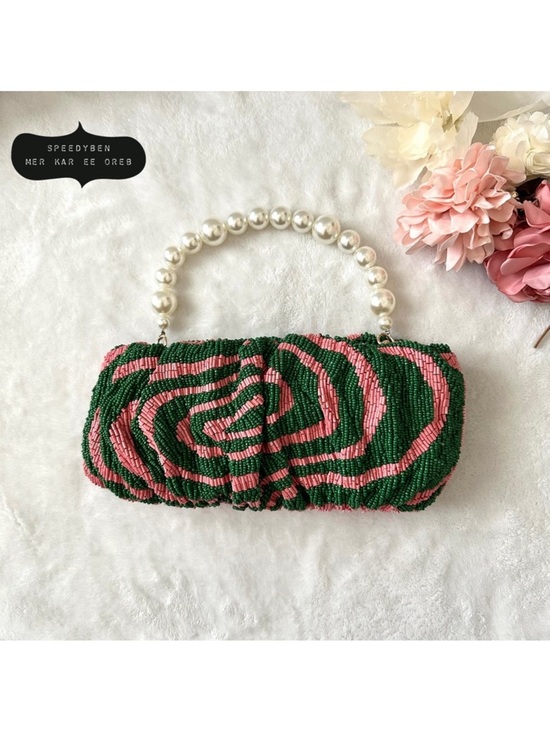 STAUD Handbags - STAUD Beaded Bean Emerald Quartz Acid Swirl Clutch Mini Bag
